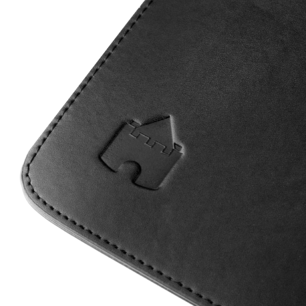 Courtyard Leatherette Desk Pad Mat Blotter Black Logo - Close Up Shot